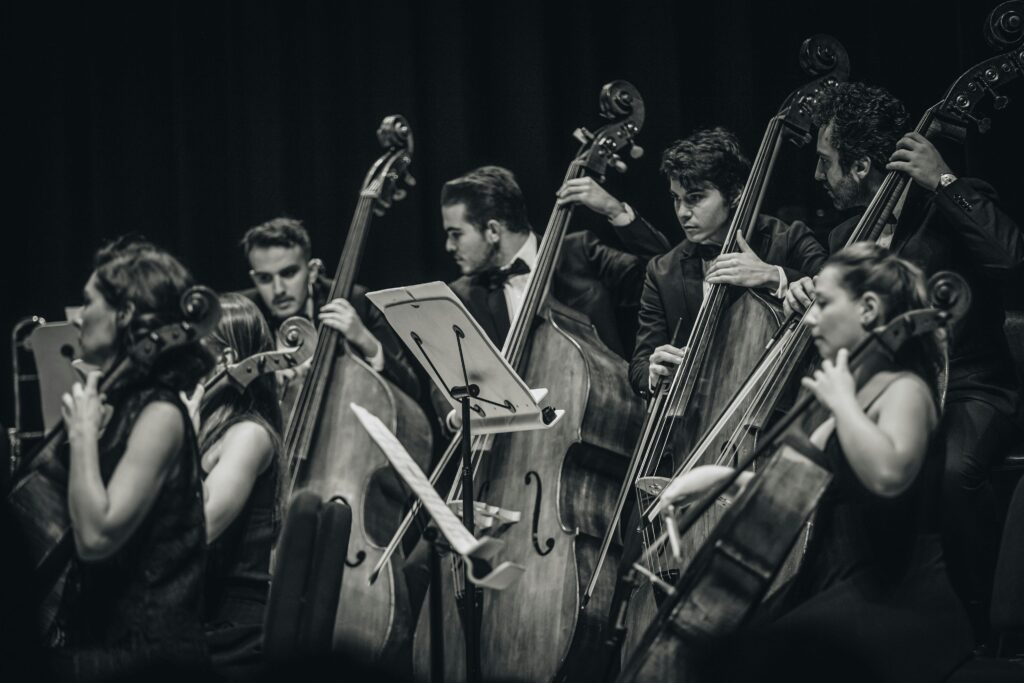 Black and white photo of a classical orchestra performing live, focusing on string musicians.